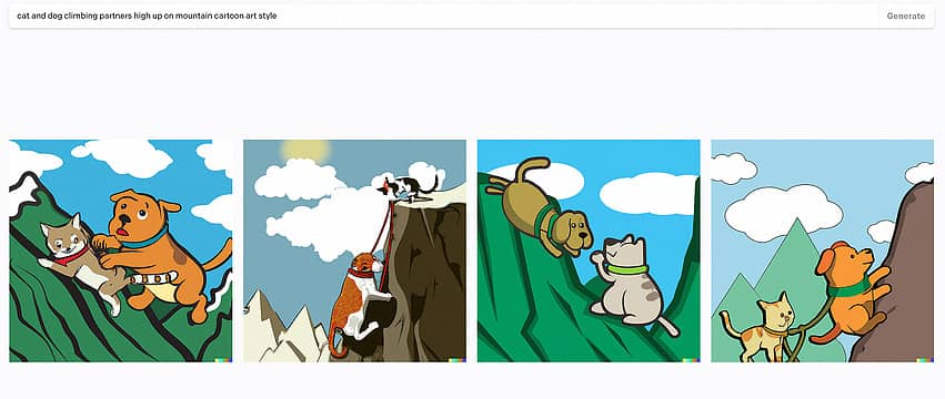 cat and dog climbing partners high up on mountain cartoon art style
