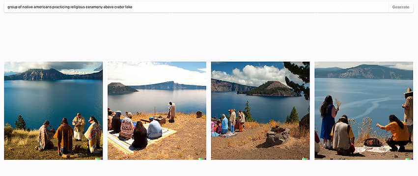 group of native americans practicing religious ceramony above crater lake