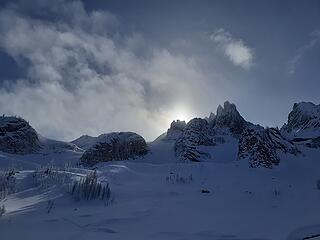 Looking up at the summit from the edge of treeline