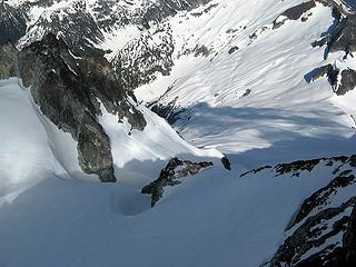 Our tracks climbing up from the swale to the rock crest