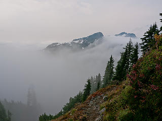 almost emerging from the fog. 
Shuksan, Lake Ann 9/22/12