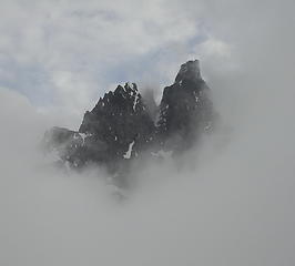 Nooksack Tower peers through the fog.