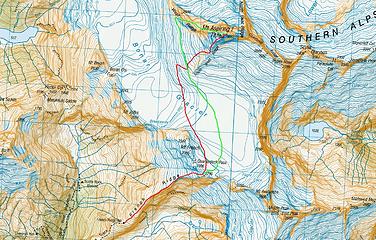 Map of our ascent route (red) and descent route (green)