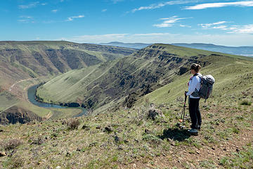 Elle on the edge of Yakima Canyon. Our route came over the high point in the center.
