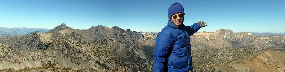 jazzy jo welcomes you to the north cascades from the summit of abernathy peak. jazzy jo says "big snagooth, your next"