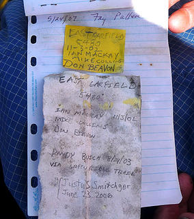 Summit register with rare entries, mostly familiar nwhikers.net names