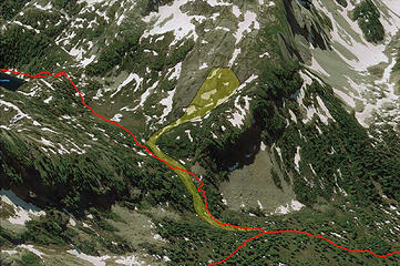 Approximate path of avalanche that took out a swath of trees on both sides of the creek and path up to Dutch Miller Gap