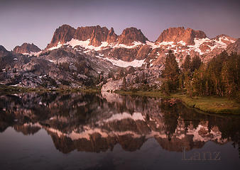 The Minarets reflected in Lake Ediza pre-sunrise.