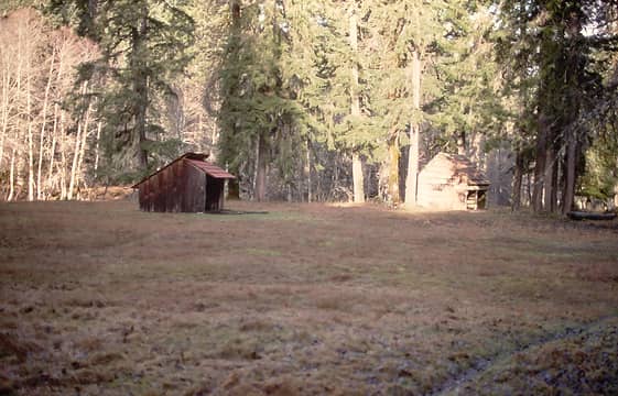 Elkhorn hiker's shelter and horse barn beforn being moved  Elwha River  December 1991