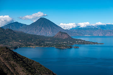Lake Atitlan with Volcan San Pedro in back. The bump on the penninsula is Cerro De Oro