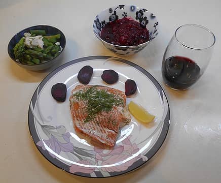 wild coho filet with steamed asparagus and cranberry sauce 12/06/22