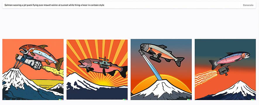 Salmon wearing a jet pack flying over mount rainier at sunset while firing a laser in cartoon style