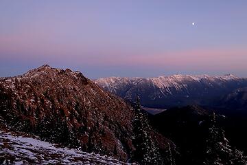 Last view of the moon over American Ridge, Nelson Ridge, and Bumping Lake