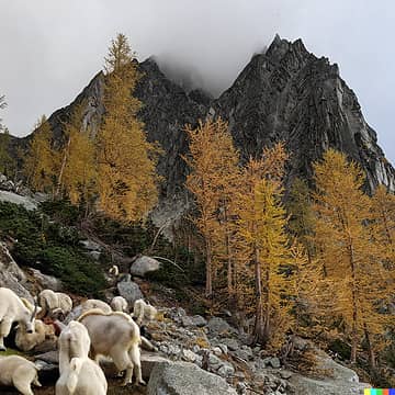 herd of mountain goats feasting on exhausted hikers food