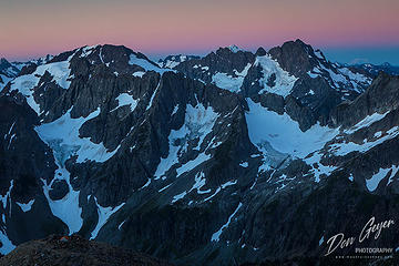 The North Cascades at dawn from high camp, North Cascades National Park, Cascade Range, Washington, USA.