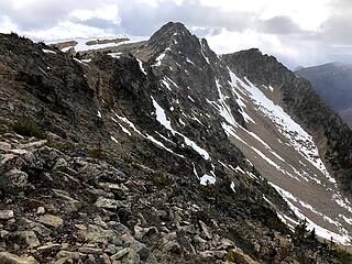 We dropped out packs at Larch Pass and sprinted up to get Two Point. Fun almost-scrambling and snow patches along the way sped our progress. RT from packs was about 1 hour.