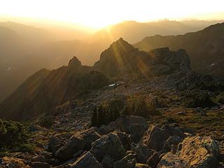 Sunbeams across pinnacles west of us