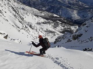 Starting down the steep gully to Copper Glance Lake