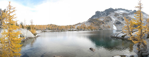 Leprechaun Lake framed by larches