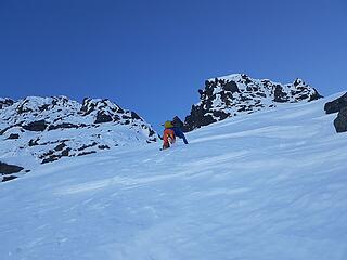 Downclimbing the west face