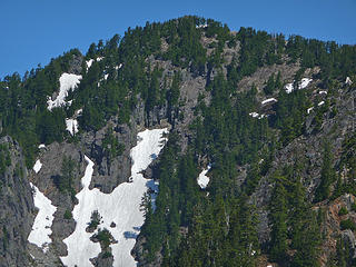 Close up of the upper portion of Treen Peak. Route exited large snow field midway up and angled up and right to the skyline.