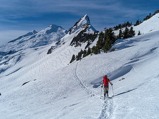 Dave approaching the Coleman Pinnacle