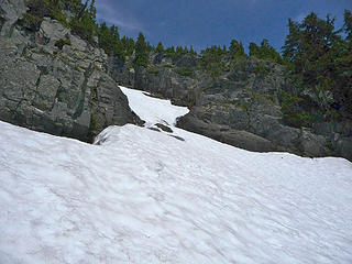 Top of snow tongue. Because of blocky rocks above we exited to the right (not visible)