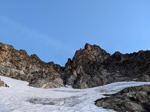 The upper cliff band. We chose the left gully