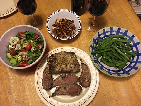 roast rack of lamb with green beans, chanterelles, and salad 09/14/21