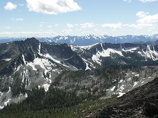 From Raven Ridge, Crater Lakes Basin below, the ridge we came up, and in the background Mt. Bigelow, Hoodoo Pass, and a section of The Sawtooth Ridge.