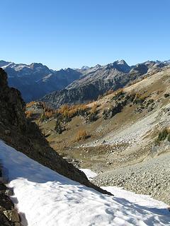 View into campsite basin from saddle from Chipmunk Creek