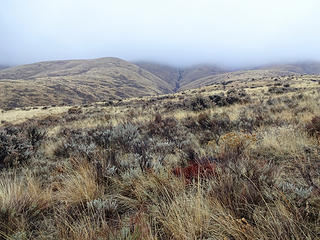 Clouds covering the top of the ridge.