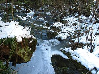 Icy Stream From Wooden Bridge