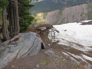 It is severely undercut at the upper lip. Watch your step! Although in this shot the ice looks to be just a  few feet below, it is at least 100 feet nearly straight down, as shown better in the previous  picture. A fall down this would leave one resembling a hunk of ground beef.  :eek: