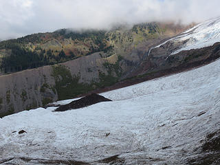 Standing on the left lateral moraine of the Coleman Glacier, look across to the converging Roosevelt Glacier and Bastille Ridge.