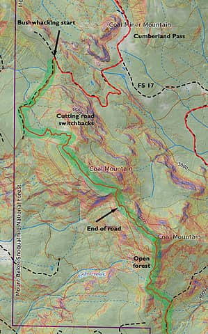 I've included CalTopo maps for any masochists out there. This is for Coal and green represents bushwhack