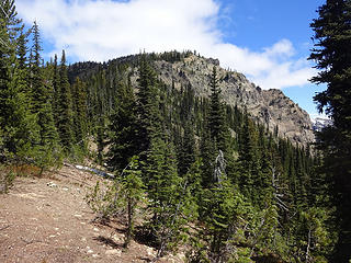 The cairn on the lower left marks the point where the trail goes north contouring around the west side of Old Gib and on to Carne Mtn.