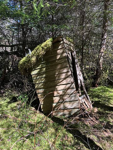 Drum's Two-Seater Outhouse with serious lean  Elwha River  April 2021