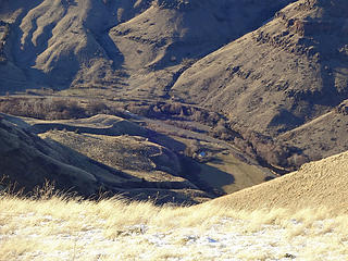 Looking down to the schoolhouse and my car across the road 1800' below from Point 2814.