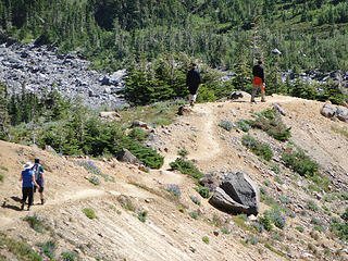 People heading down dusty trail above Glacier Basin.