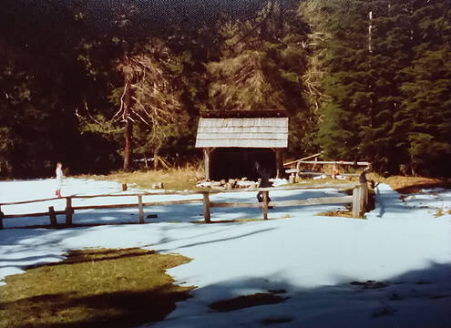 Hyak Shelter and horse enclosure Bogachiel River  April 1977