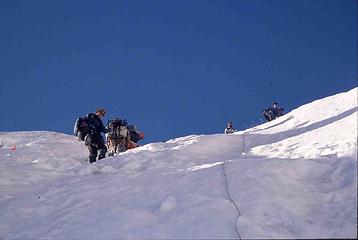 Kinda steep going up in places - 60 deg. The rope was for the porters, who were in sneakers.