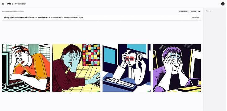 a fatigued tech worker with his face in his palm in front of a computer in a neo modernist art style
