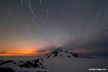 Night photo at camp, star trails.