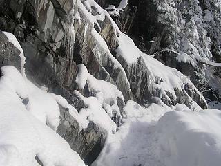 Icicles on the rocks along the trail up to saddle