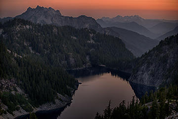 Dawn over Big Heart Lake, with Malachite Peak at left and the Monte Christo peaks in the distance. Chetwoot Lake behind me.
