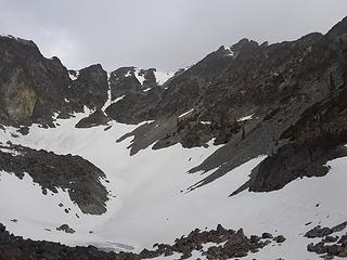 Snow showers movin in, upper basin where i got off the snow too early(climbers right)