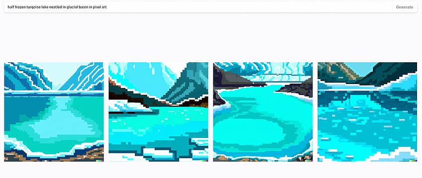 half frozen turqoise lake nestled in glacial basin in pixel art