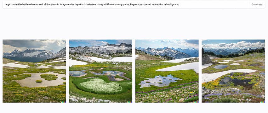 large basin filled with a dozen small alpine tarns in foreground with paths in between, many wildflowers along paths, large snow covered mountains in background