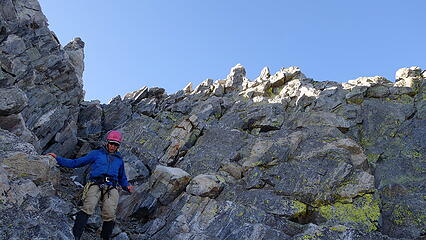Descending Pinnacle Ridge; the north facing class 4 wall just above Eric